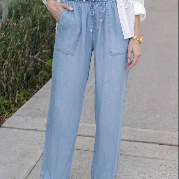 Tencel™ Lyocell Drawstring Wide Leg Pants in Chambray Wash - Picture 2 of 4